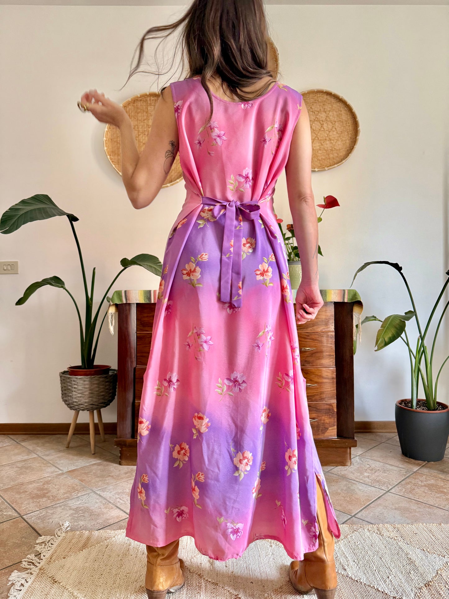 Y2K vintage lilac and pink semi sheer floral maxi dress