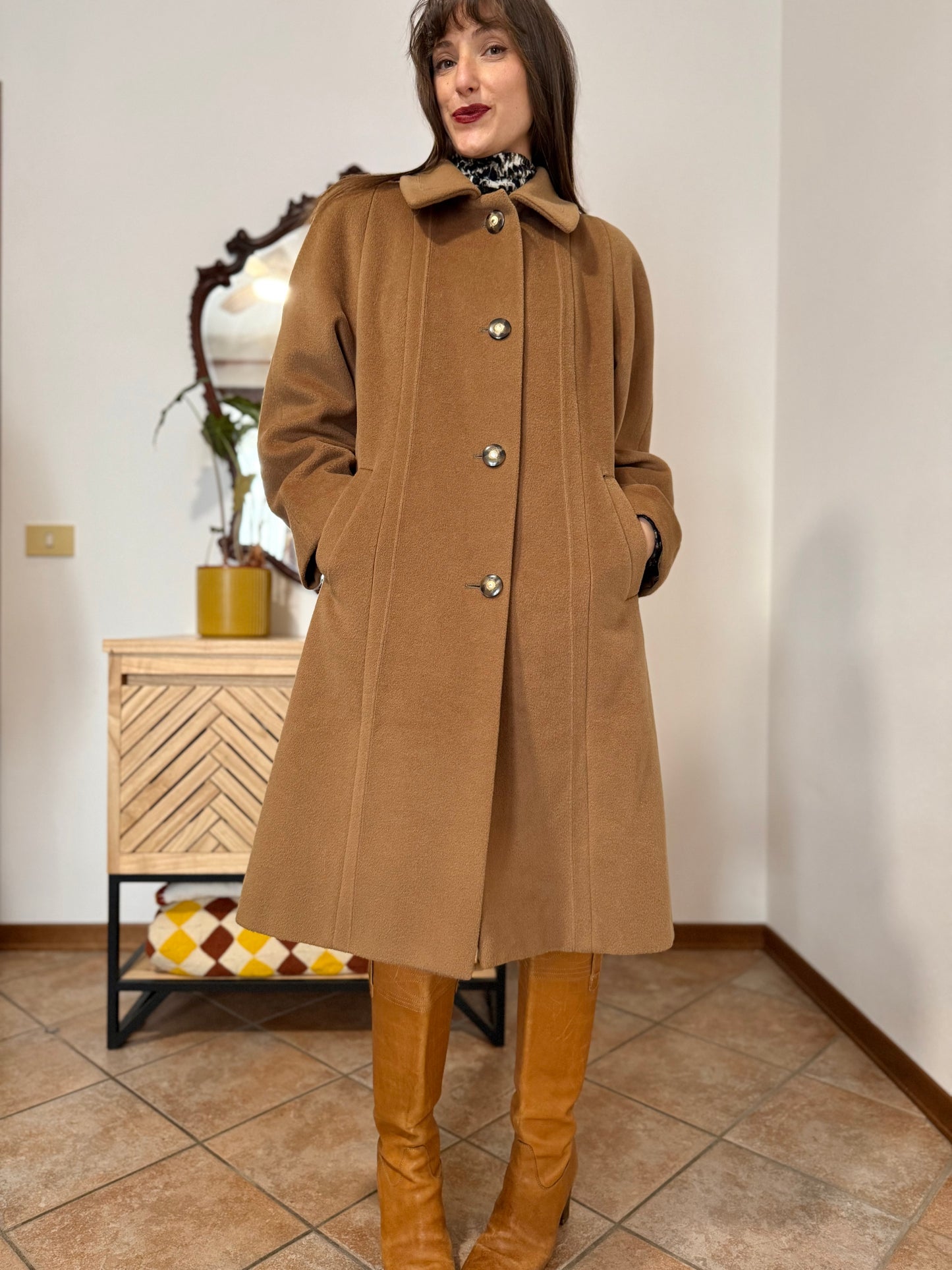 1970’s vintage tan wool overcoat with oversize button details