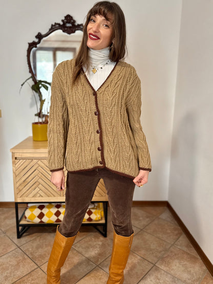 1970’s vintage tan hand knit wool cardigan with chocolate brown stitch trimming
