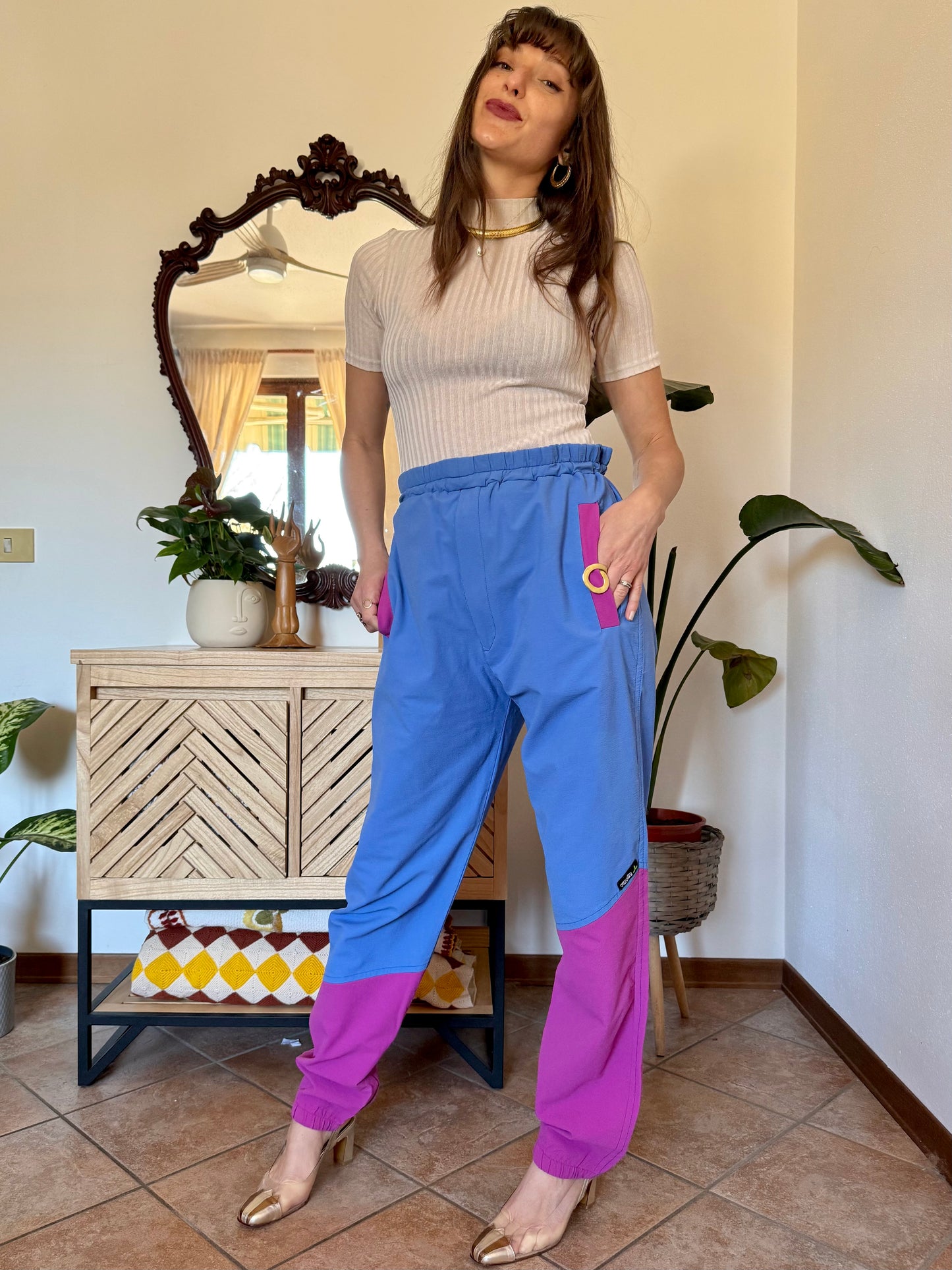 1990’s vintage blue and fuchsia wind breaker pants
