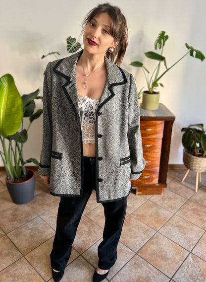 1990's vintage grey tweed oversize blazer with black trim