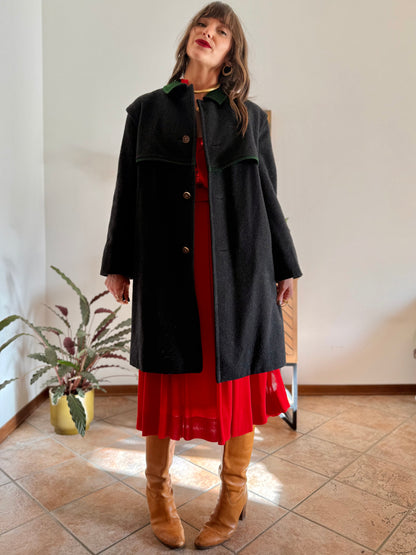 1950's vintage charcoal grey tyrol coat with green trimming and red and green plaid wool lining