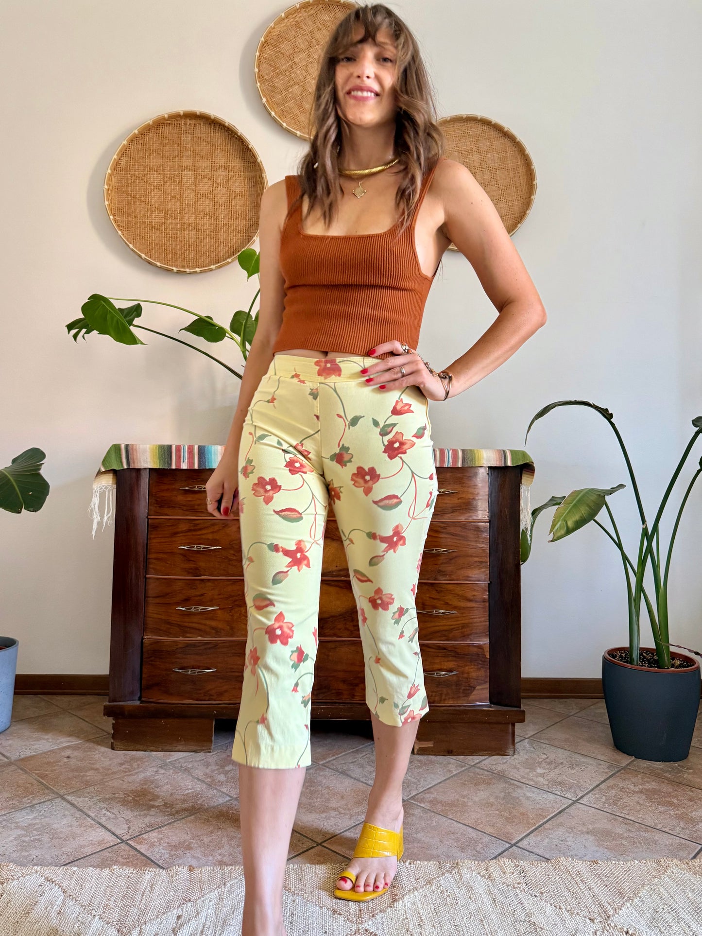 1990's vintage yellow and orange floral capri pants