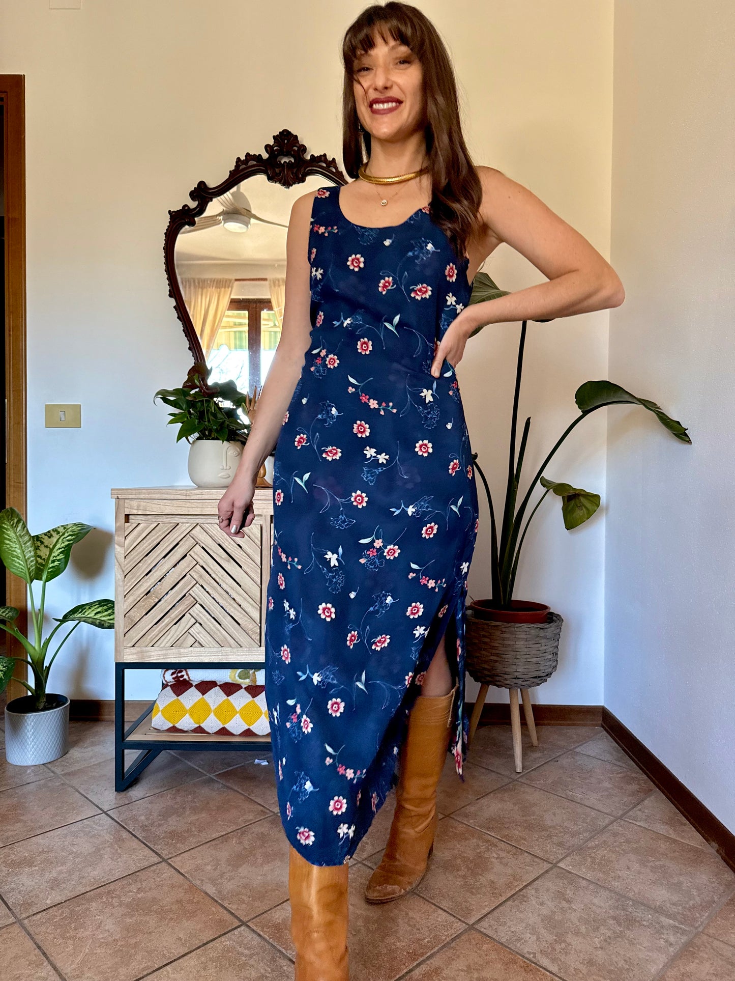 1990's vintage reversible navy blue floral print maxi dress