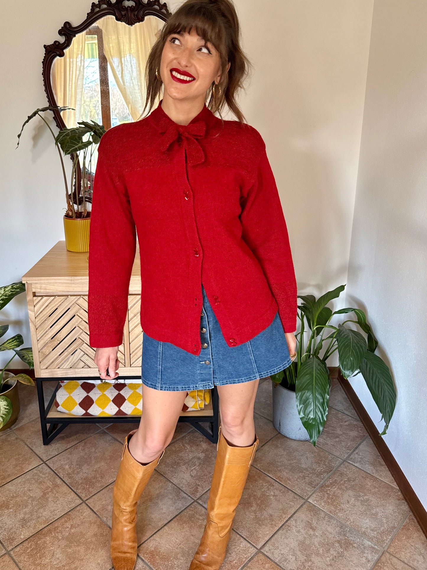 1960’s vintage cherry red hand knit wool cardigan with bow detail
