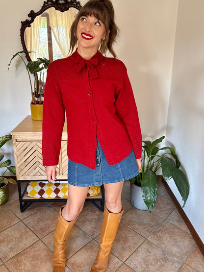 1960’s vintage cherry red hand knit wool cardigan with bow detail