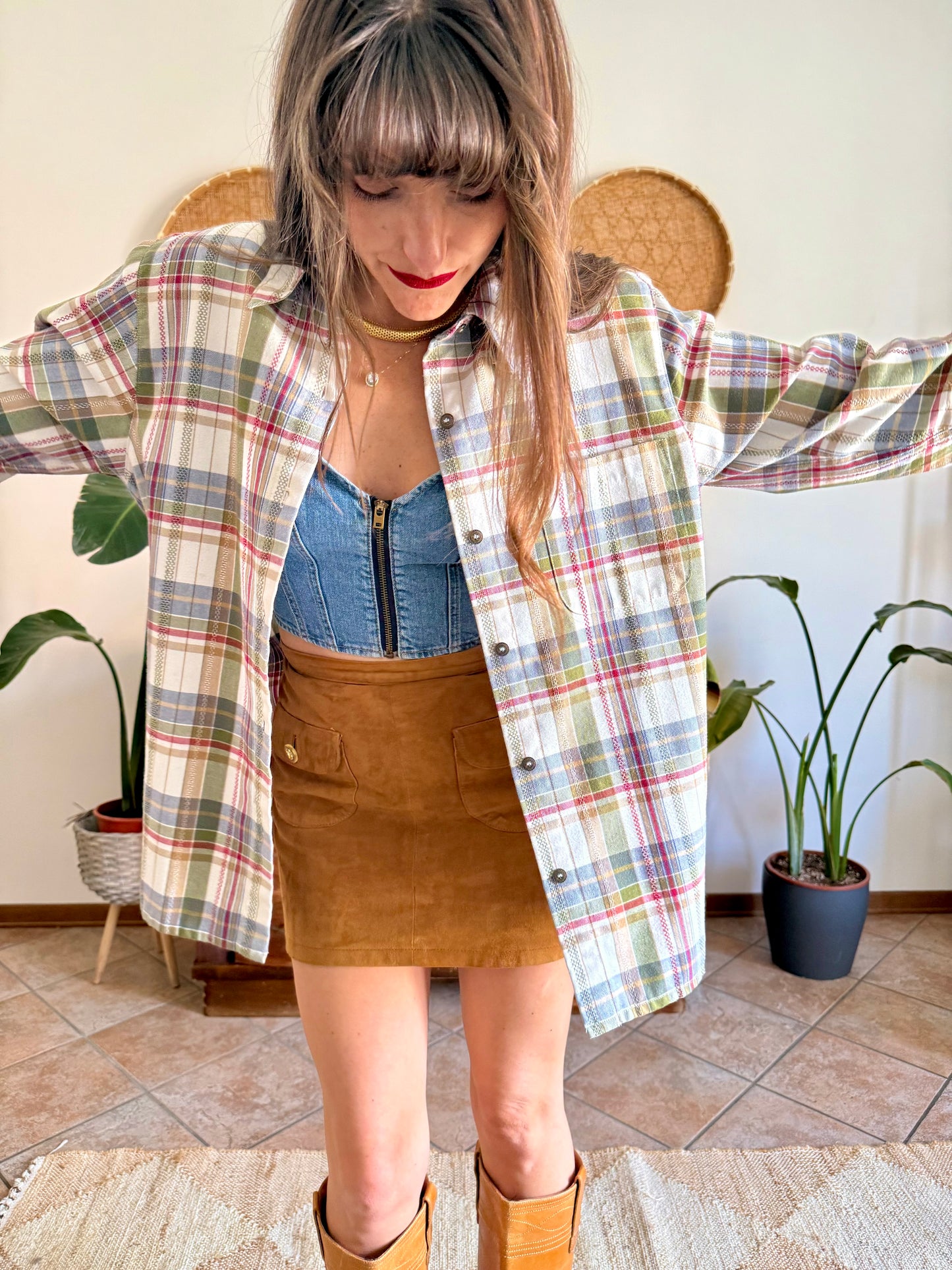 1970's vintage red, green and cream textured western style plaid button down shirt
