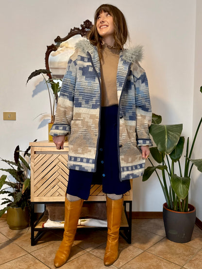 1990's vintage blue and tan Aztec pattern wool coat