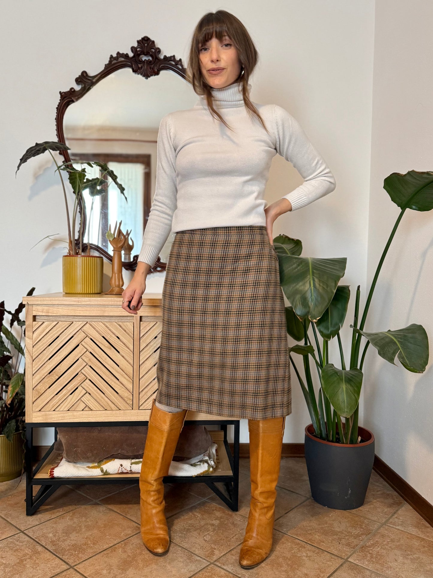 1970's vintage chocolate brown, green and blue plaid wool midi skirt