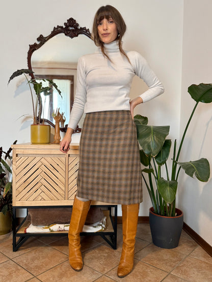 1970's vintage chocolate brown, green and blue plaid wool midi skirt