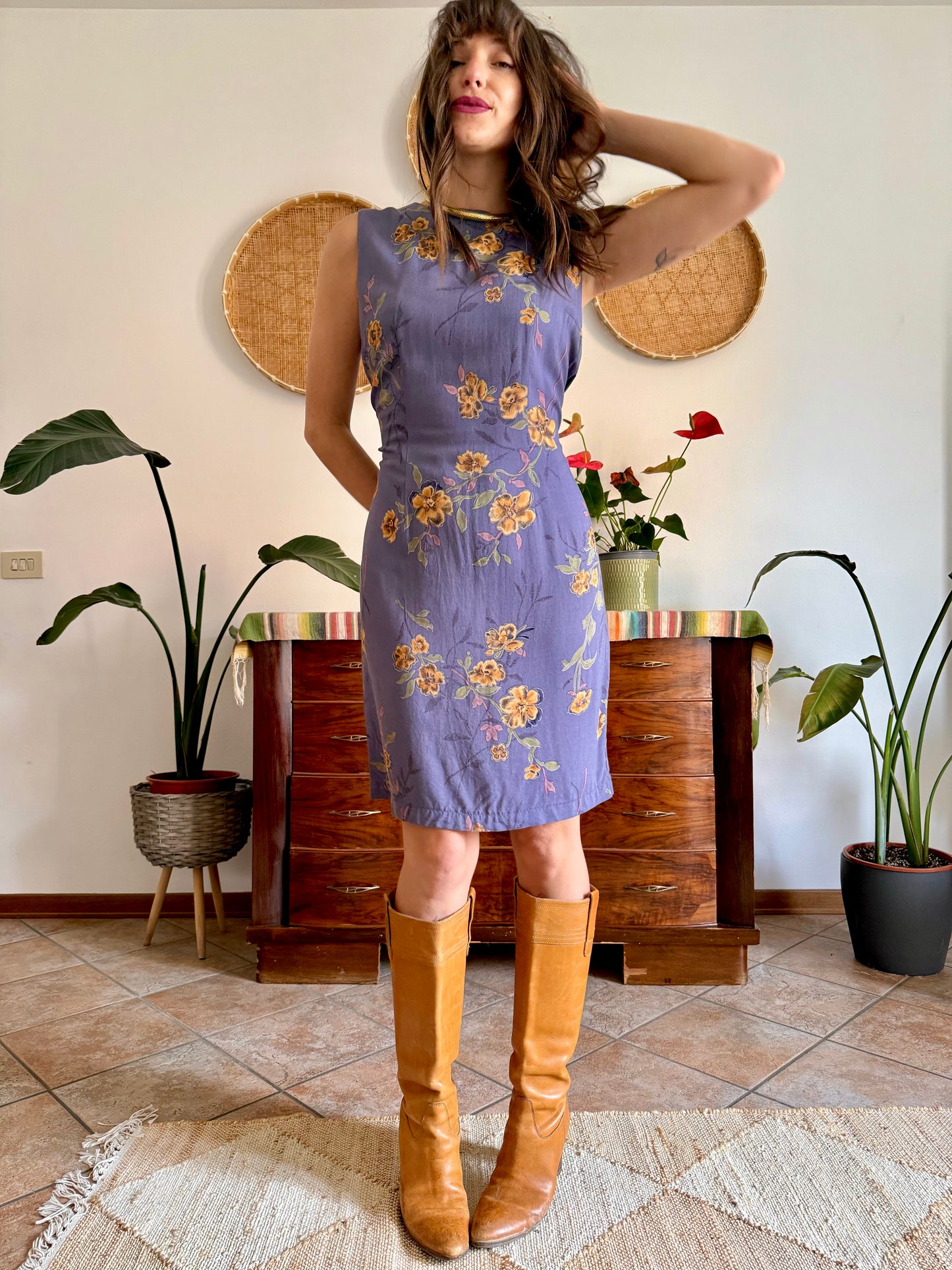 1990’s vintage purple midi shift dress with yellow and orange floral pattern