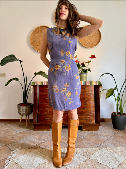 1990’s vintage purple midi shift dress with yellow and orange floral pattern