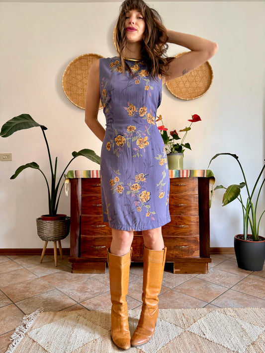 1990’s vintage purple midi shift dress with yellow and orange floral pattern