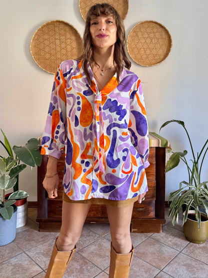 1970's vintage purple, orange and cream abstract print tie neck blouse