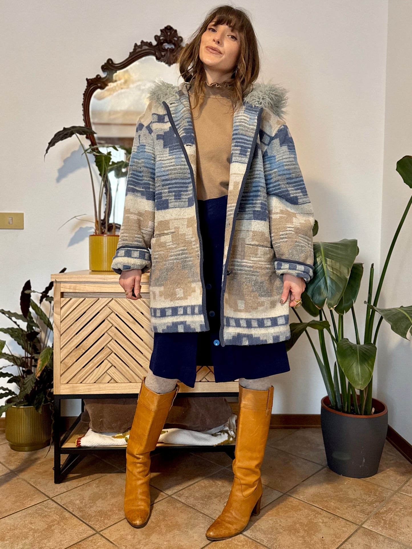 1990's vintage blue and tan Aztec pattern wool coat