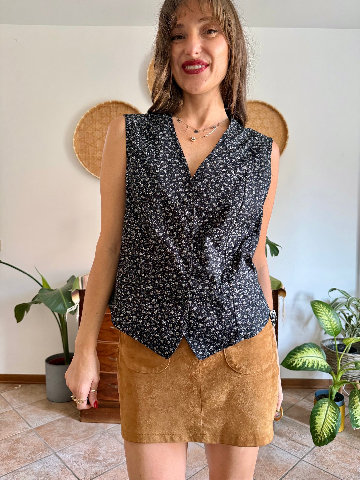 1970’s vintage black cotton vest with white floral print