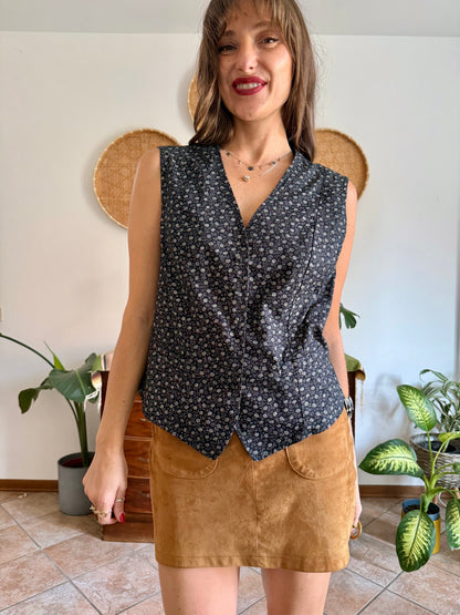 1970’s vintage black cotton vest with white floral print
