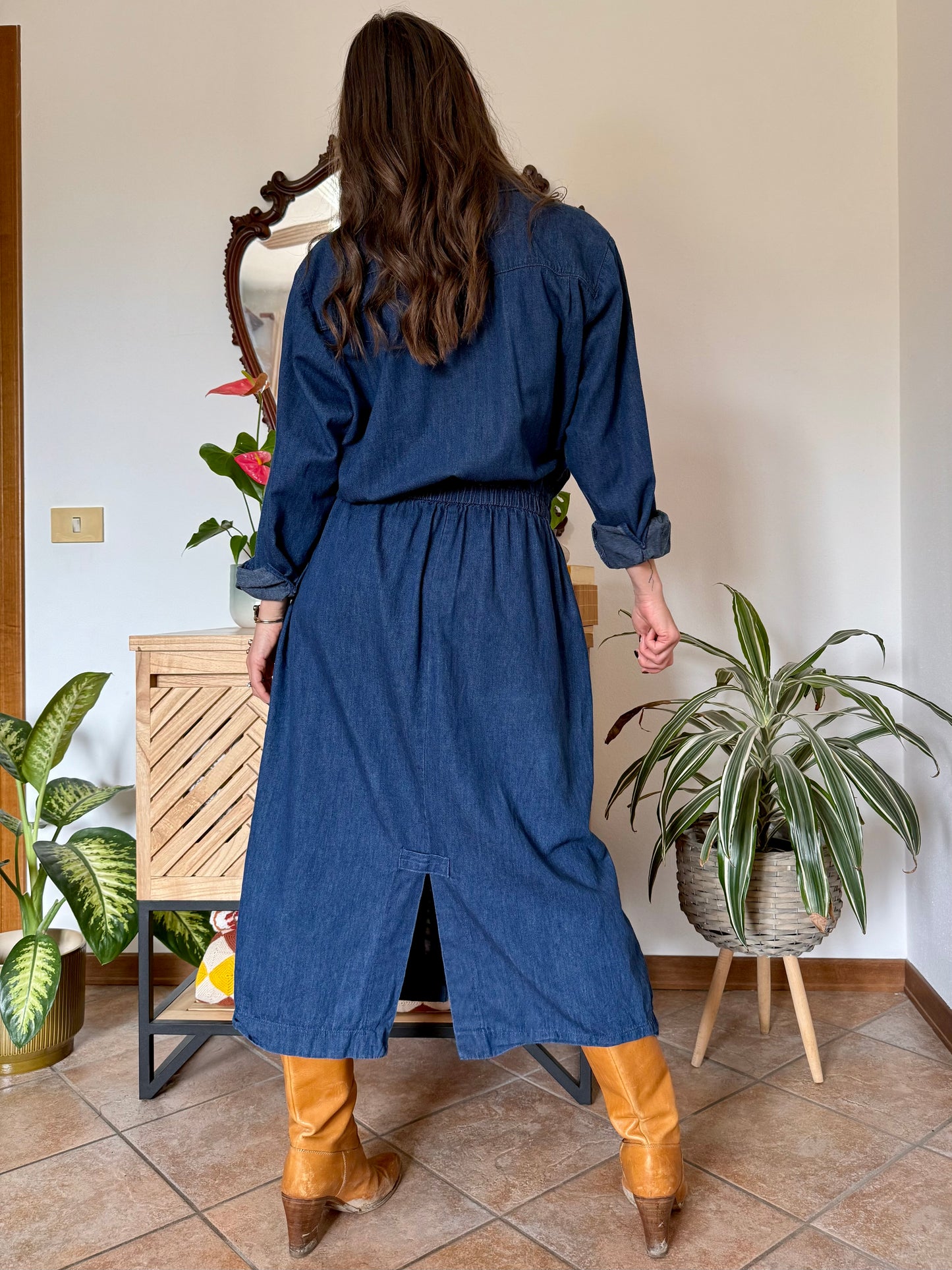 1970's vintage dark blue denim maxi dress