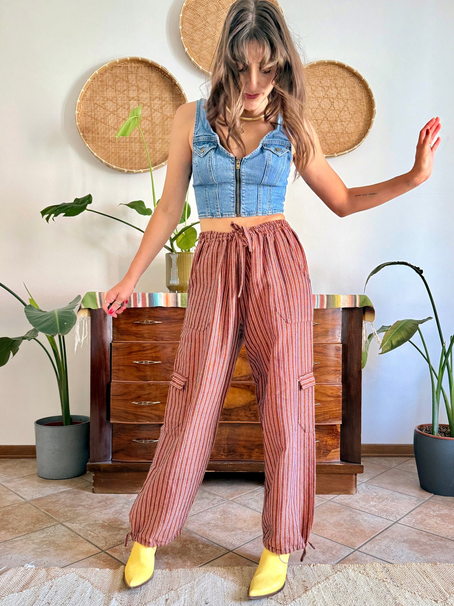 1990’s vintage chocolate brown and pink stripe woven wide leg trousers