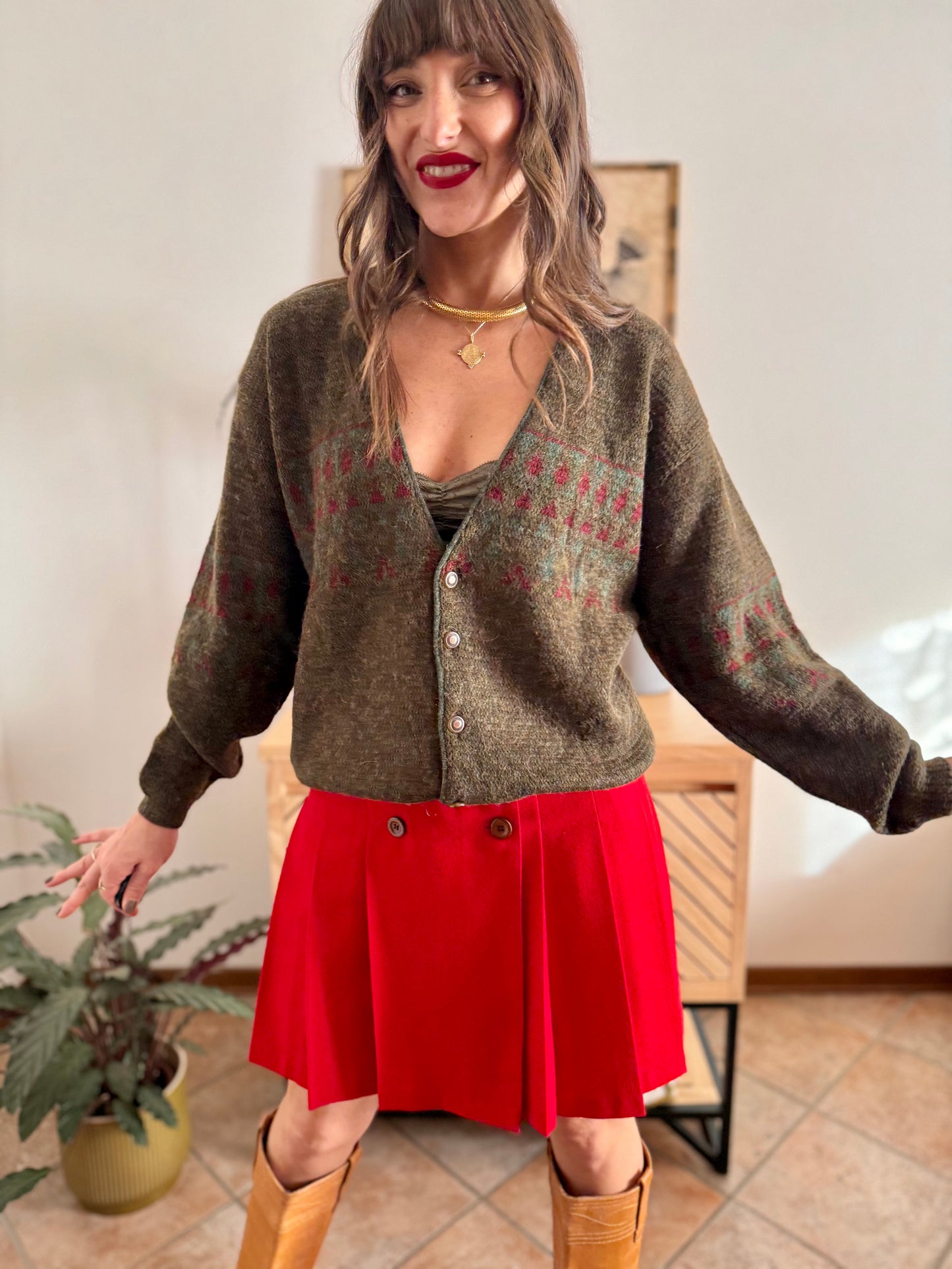 1990’s vintage green, red and khaki geometric knit wool and alpaca blend cardigan