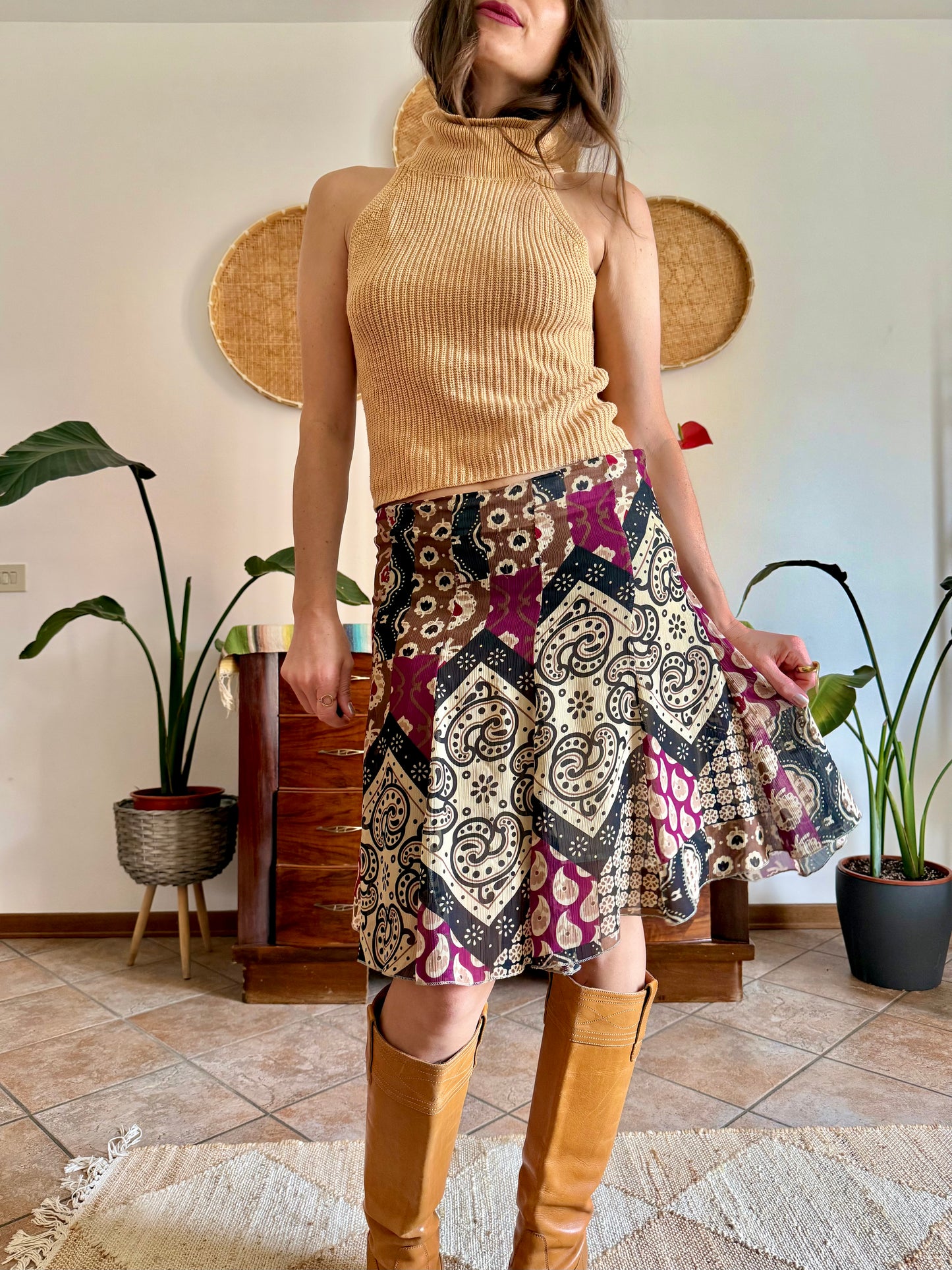 Y2K vintage burgundy, tan and black geometric print midi skirt