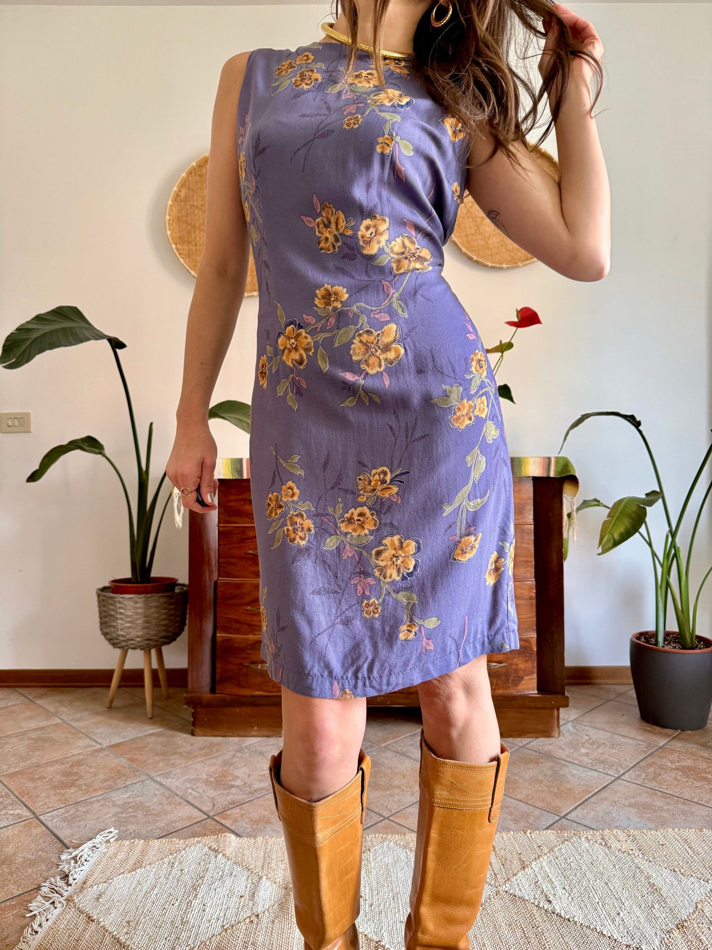 1990’s vintage purple midi shift dress with yellow and orange floral pattern