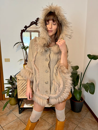 1970's vintage beige knit mohair poncho with fur trimming