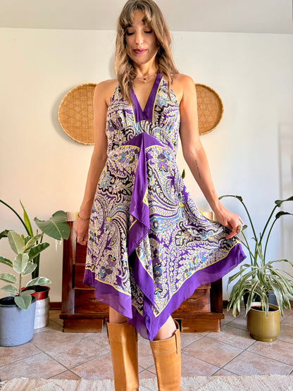 Y2k vintage purple and yellow floral silk halter top midi dress