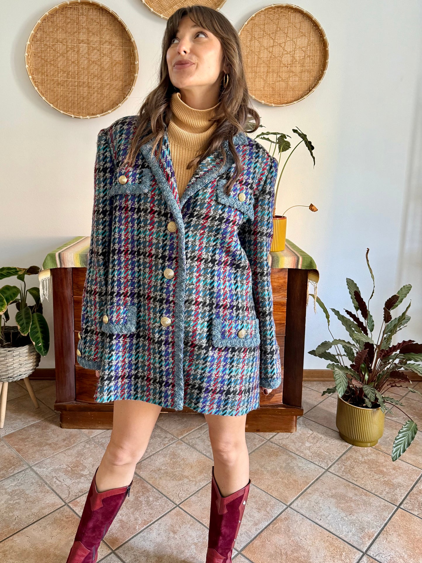 1970's vintage oversize wool blue, turquoise, and grey houndstooth plaid coat