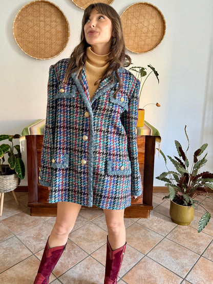 1970's vintage oversize wool blue, turquoise, and grey houndstooth plaid coat