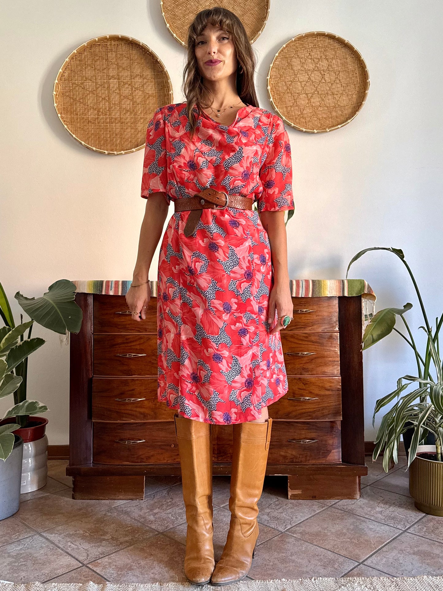 1960’s vintage punk and purple floral print midi dress with cowl neck