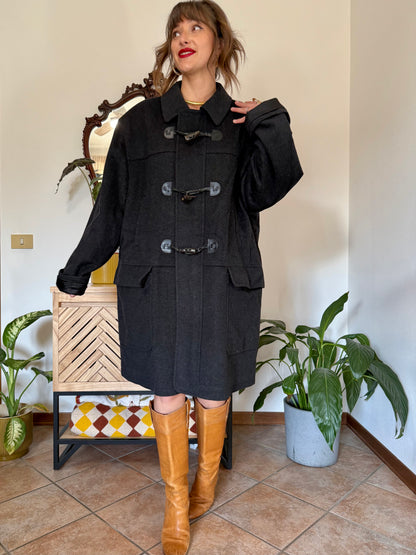 1970’s vintage charcoal grey cashmere and wool coat with toggle details