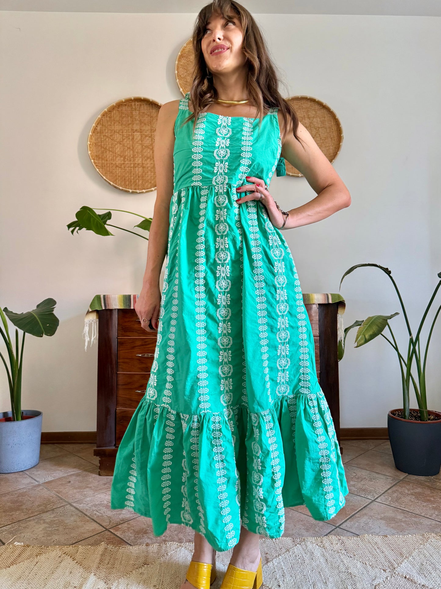 Y2K vintage green prairie maxi dress with white floral embroidery