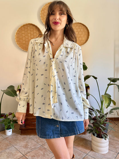 1970’s vintage cream with navy blue floral bow tie silk blouse