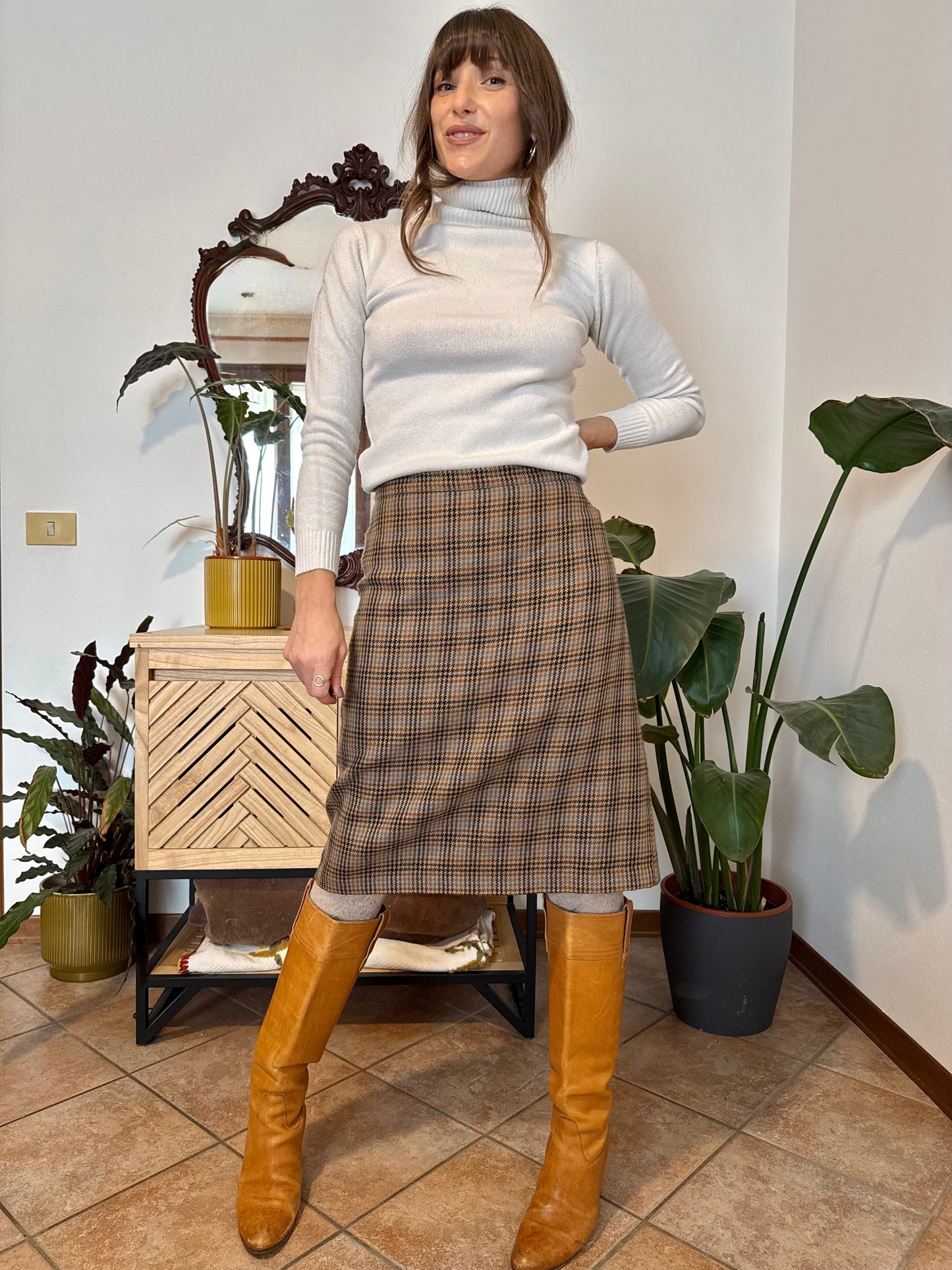 1970's vintage chocolate brown, green and blue plaid wool midi skirt
