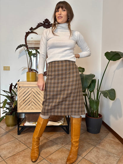 1970's vintage chocolate brown, green and blue plaid wool midi skirt