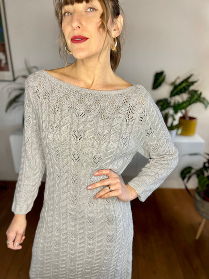 1990's vintage grey wool cable knit midi dress