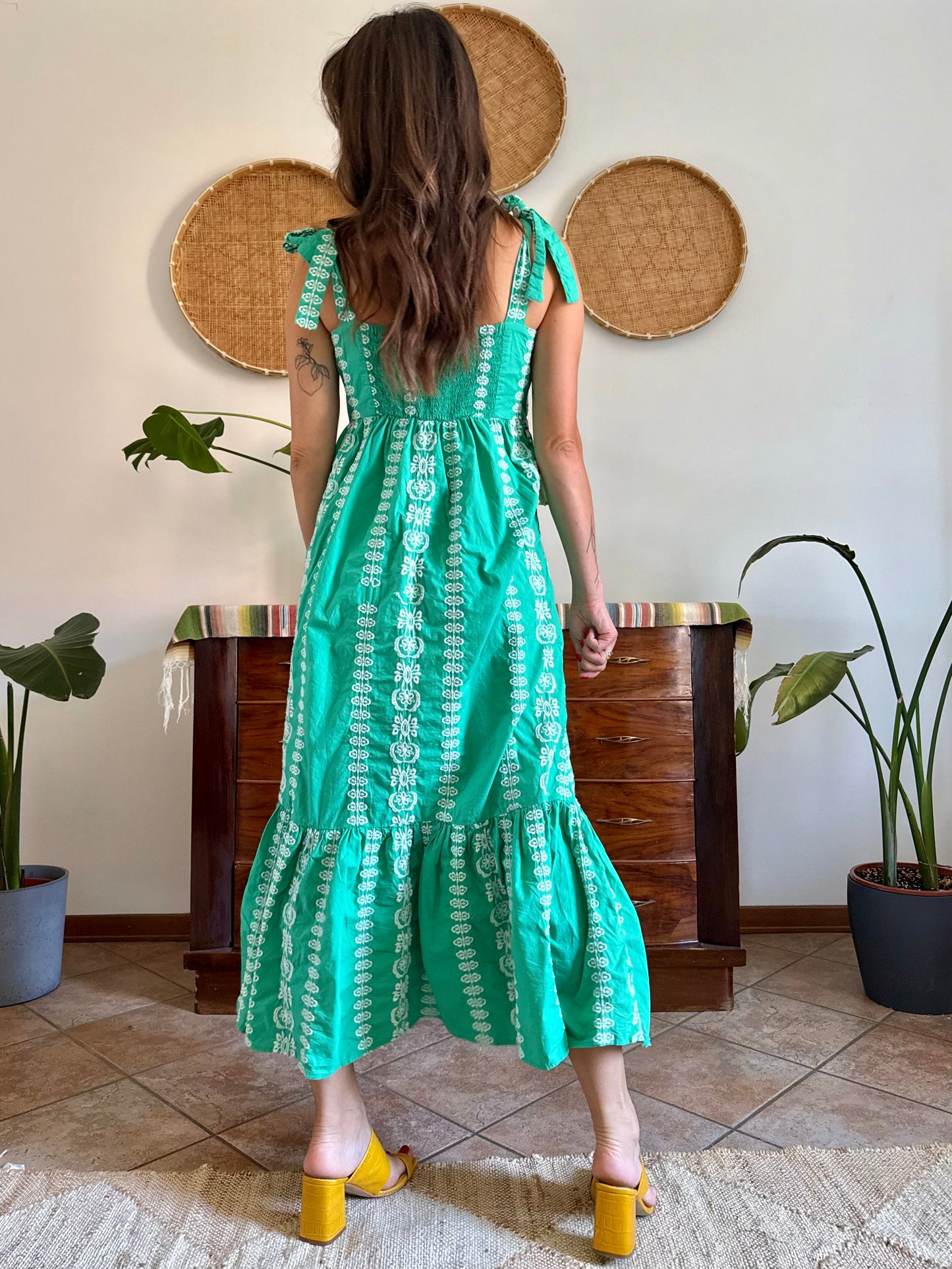 Y2K vintage green prairie maxi dress with white floral embroidery