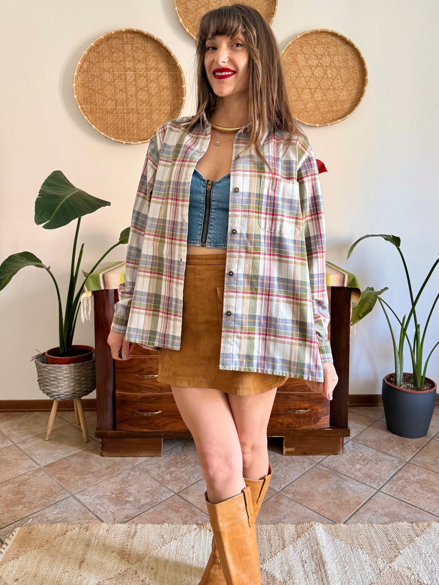 1970's vintage red, green and cream textured western style plaid button down shirt
