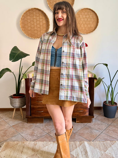 1970's vintage red, green and cream textured western style plaid button down shirt