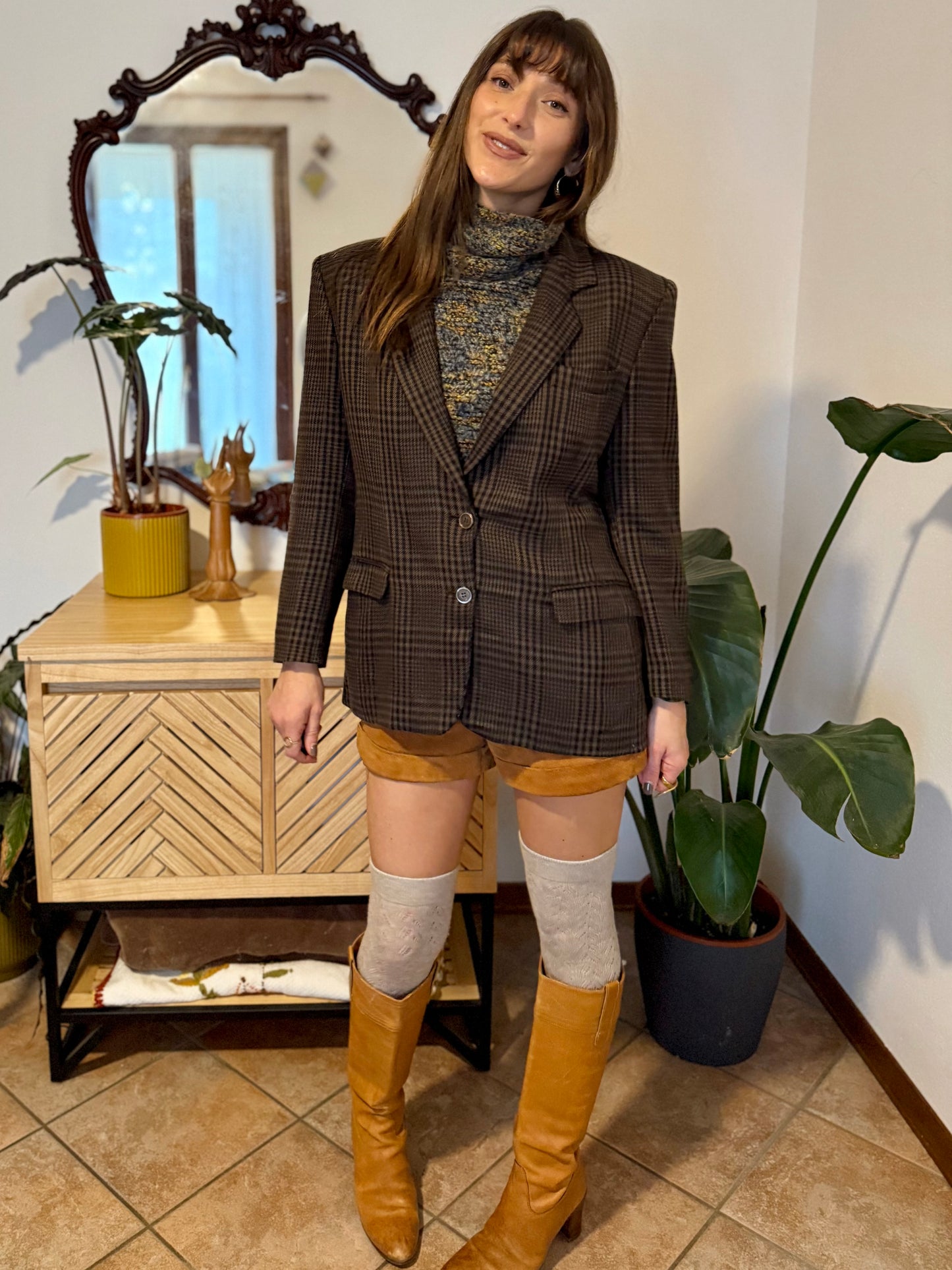 1990's vintage cashmere, wool and silk blend chocolate brown and blue blazer