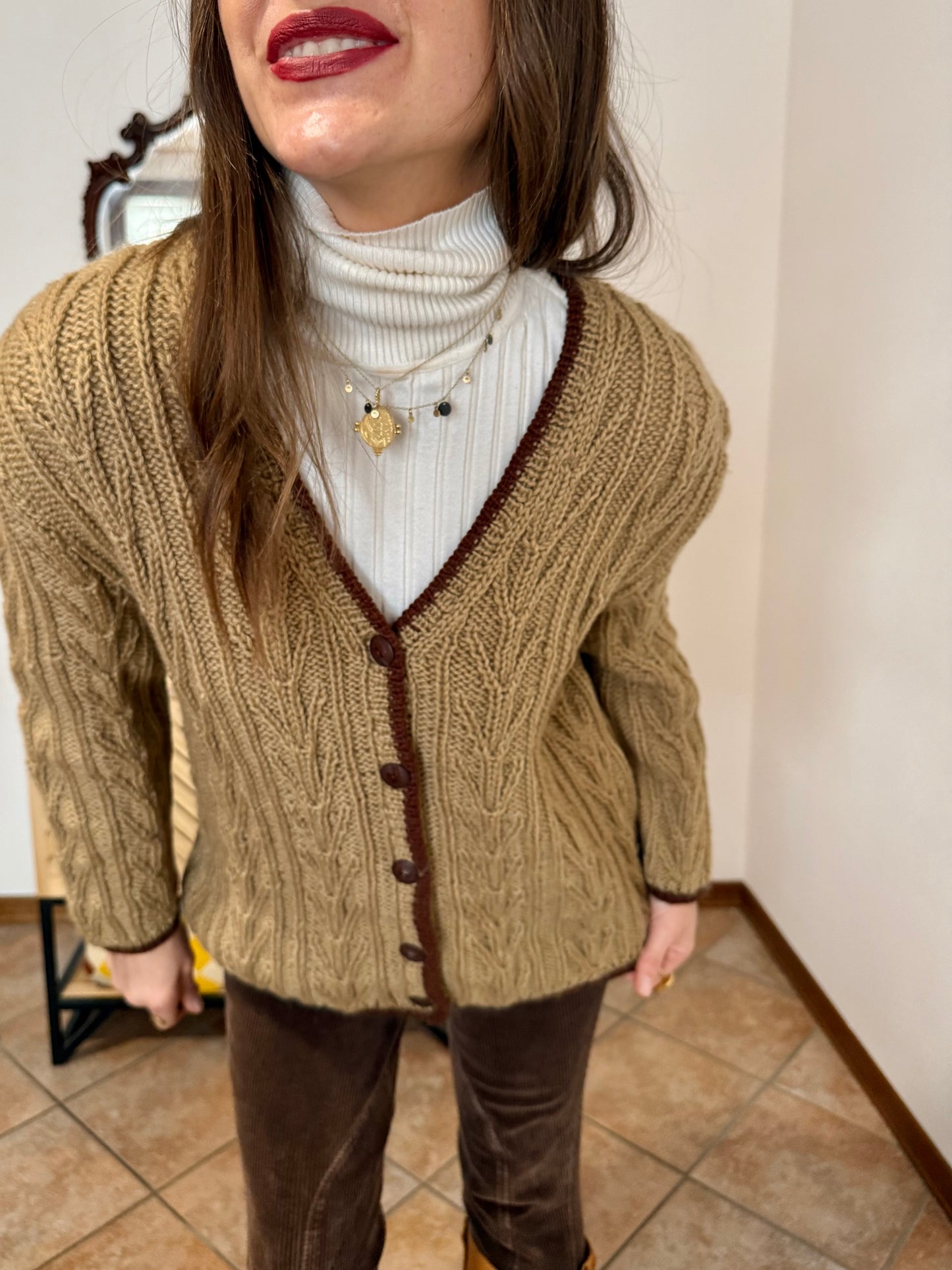 1970’s vintage tan hand knit wool cardigan with chocolate brown stitch trimming
