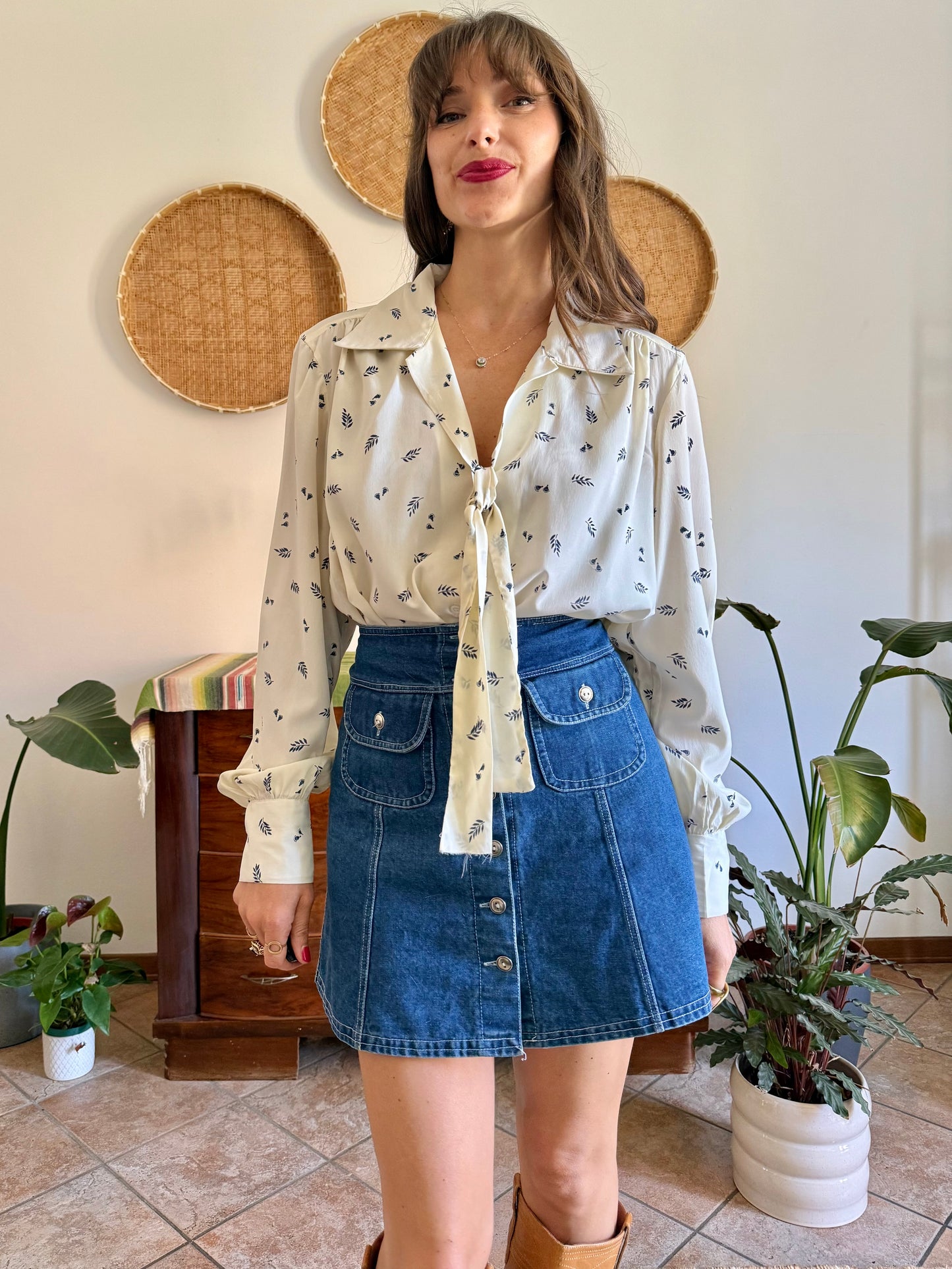 1970’s vintage cream with navy blue floral bow tie silk blouse