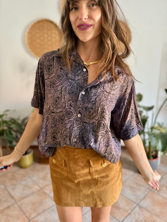 1970's vintage purple, tan and black abstract paisley print