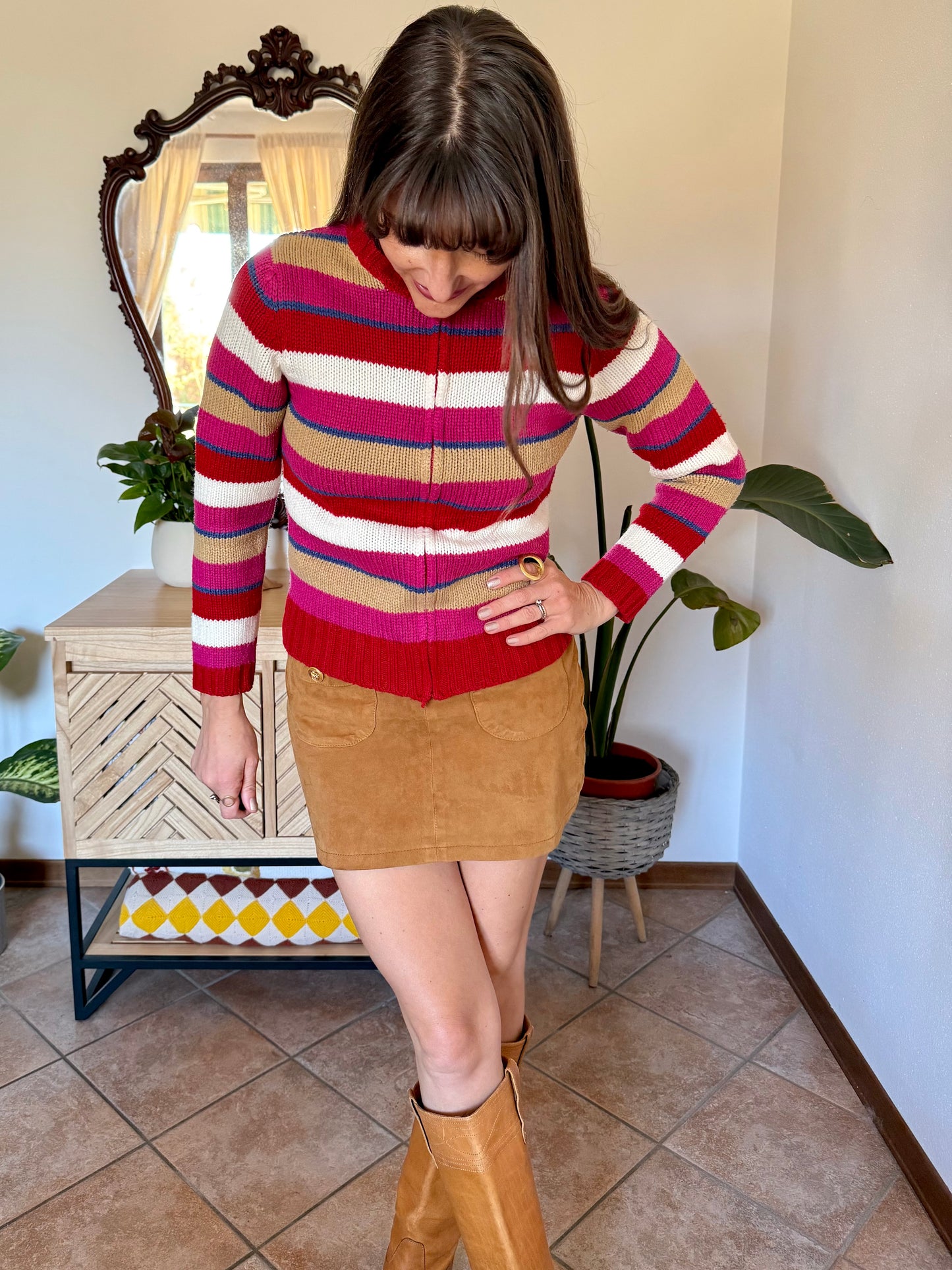 1990's vintage red, pink and blue stripe zip up wool knit cardigan