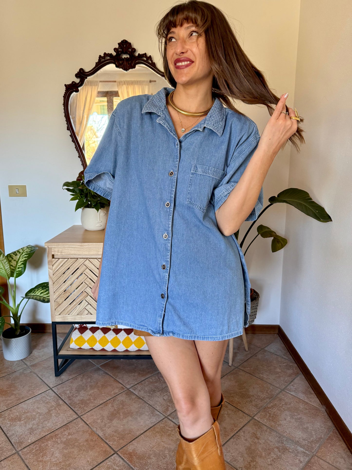 1990’s vintage light was denim shirt with geometric woven collar detailing