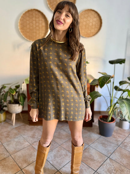 1970’s vintage Emporio Armani dark green, navy and burgundy duck print shirt dress