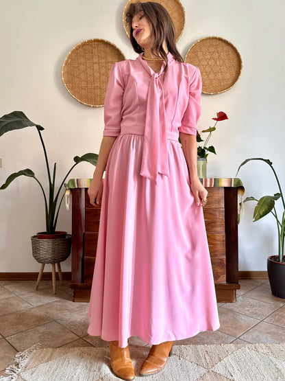 1970’s vintage pink maxi dress with bow tie collar