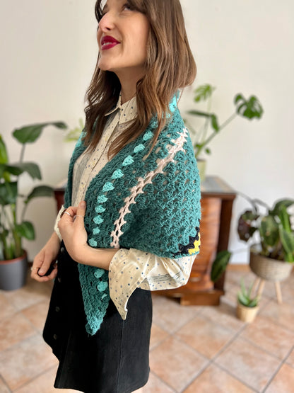 1970's vintage hand knit wool teal , black and yell stripe knit shawl