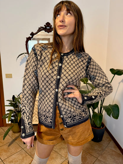 1990's vintage grey and beige alpaca knit cardigan with turquoise geometric pattern